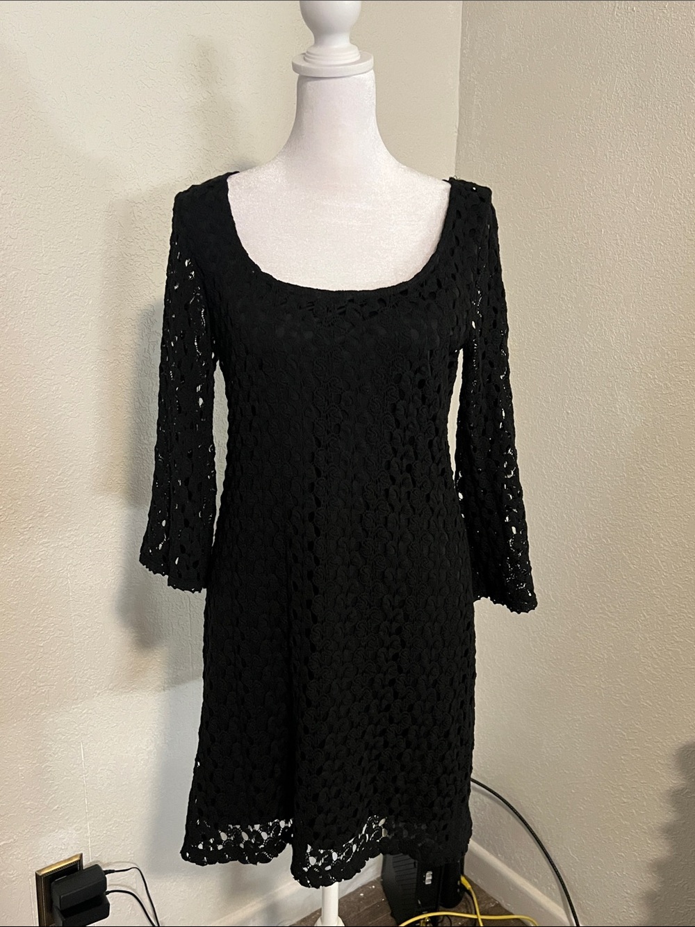 AUW Black Crochet Scoop-Neck Mini Dress